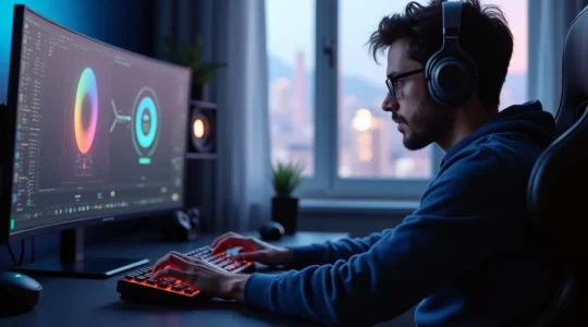 Un joueur de gaming en configuration avancée avec des accessoires high-tech autour, montrant confort et performance.