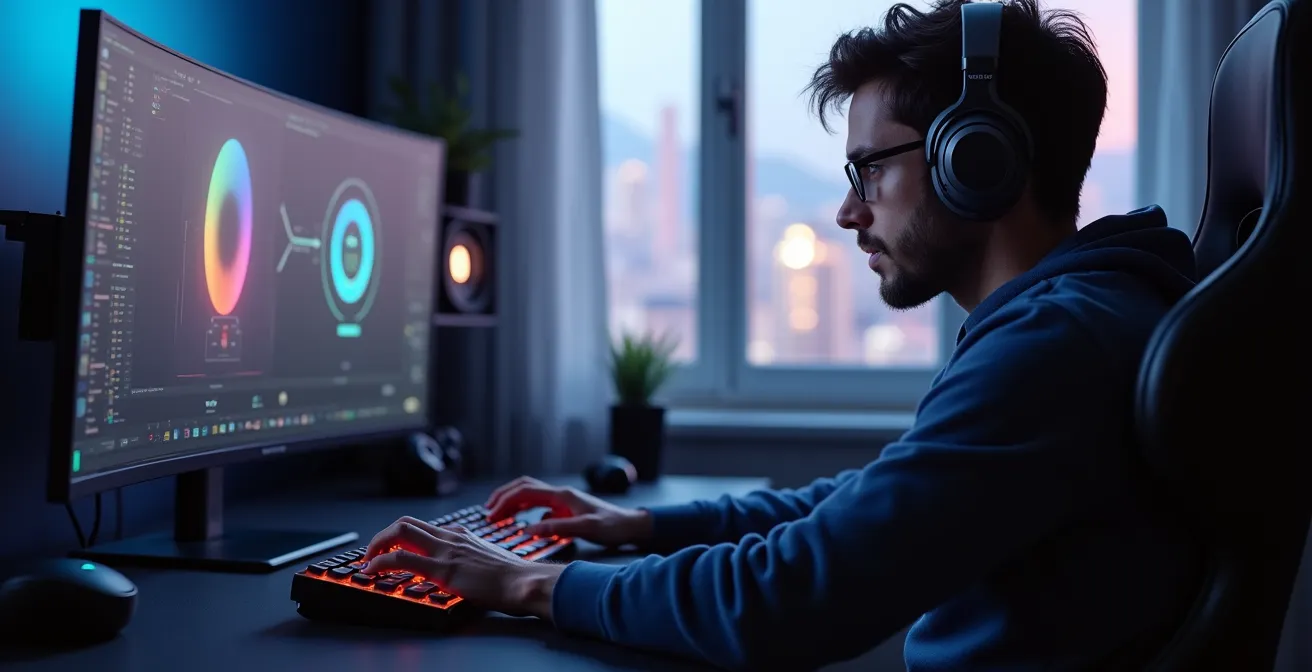 Un joueur de gaming en configuration avancée avec des accessoires high-tech autour, montrant confort et performance.