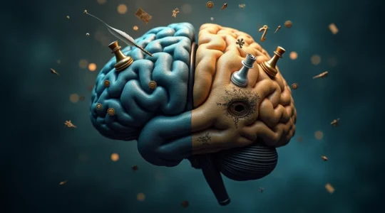 Illustration symbolique représentant un cerveau humain divisé en deux hémisphères, l'un orné d'un échiquier et de symboles stratégiques, l'autre d'un masque de théâtre et d'éléments narratifs, illustrant la dualité entre stratégie et narration