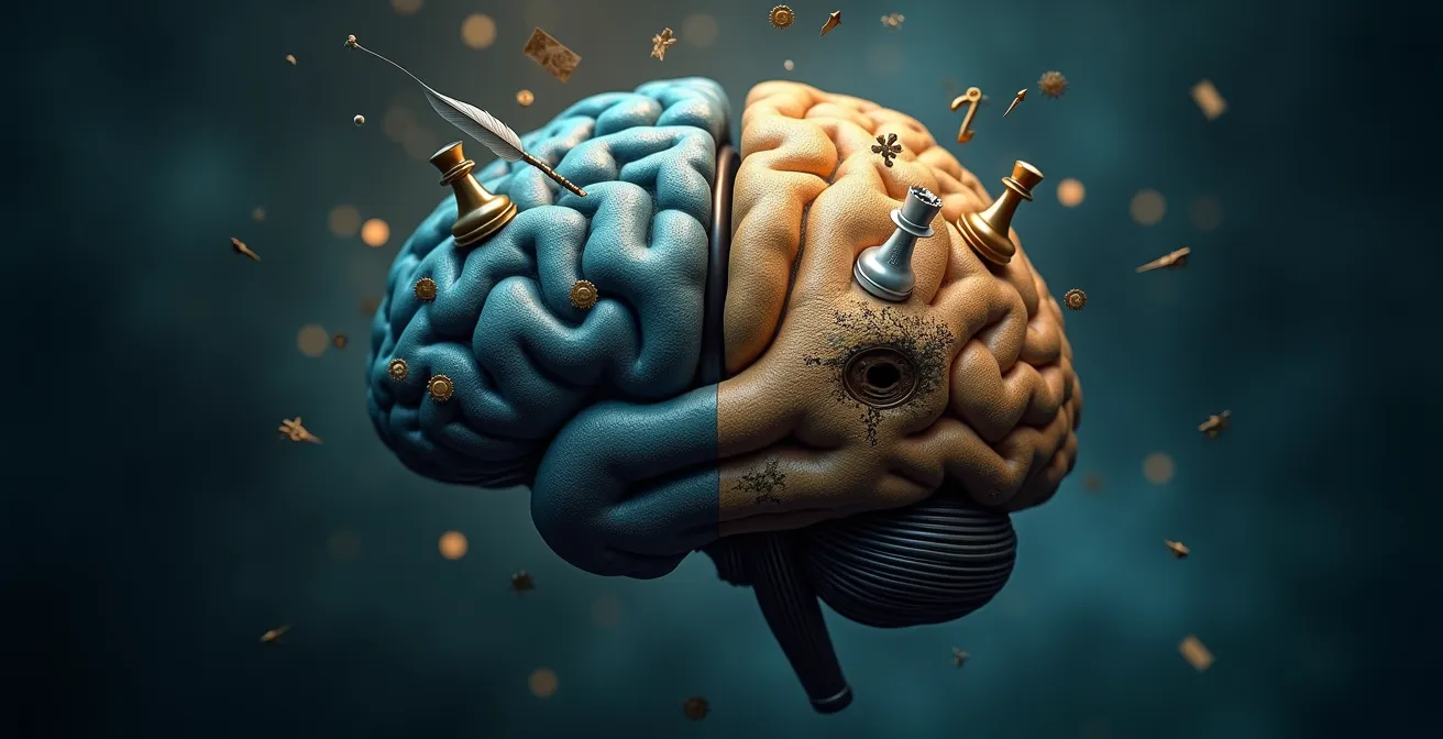 Illustration symbolique représentant un cerveau humain divisé en deux hémisphères, l'un orné d'un échiquier et de symboles stratégiques, l'autre d'un masque de théâtre et d'éléments narratifs, illustrant la dualité entre stratégie et narration
