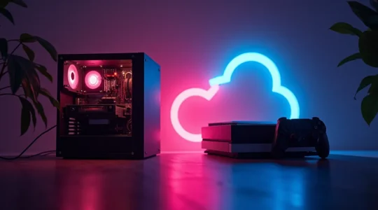 Image symbolique représentant une bataille entre un PC gaming, une console de jeu, et une icône de cloud gaming sur fond futuriste