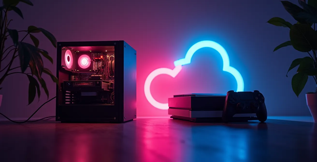 Image symbolique représentant une bataille entre un PC gaming, une console de jeu, et une icône de cloud gaming sur fond futuriste