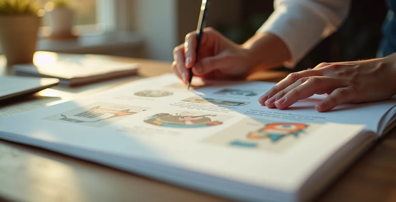 Un artiste présentant un dossier soigné et détaillé avec des œuvres, une note d'intention et un CV artistique ordonnés sur une table