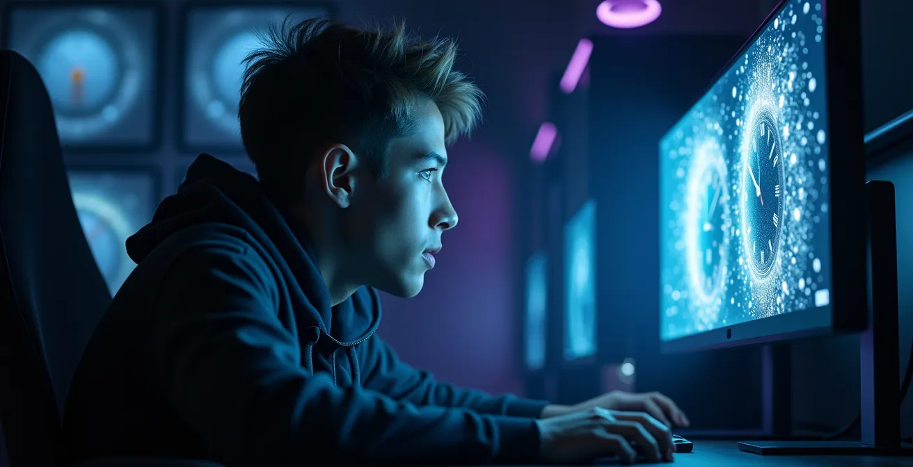 Représentation visuelle de l'état de flow avec un joueur complètement immergé dans son jeu, entouré d'éléments symbolisant la concentration et la perte de notion du temps