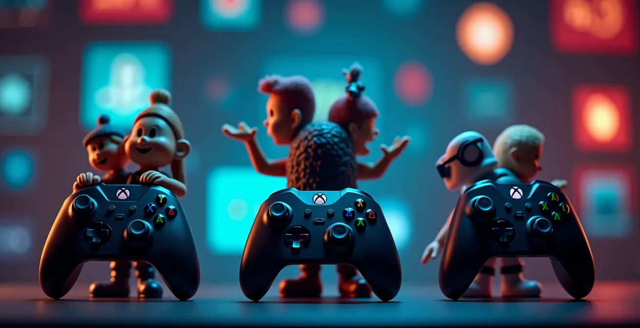 Comparaison symbolique des consoles PlayStation, Xbox et Switch avec des éléments représentatifs du gaming