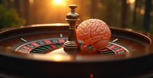 Un joueur regardant une roulette stylisée mêlée à un cerveau humain illustrant le risque et le contrôle