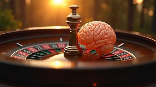 Un joueur regardant une roulette stylisée mêlée à un cerveau humain illustrant le risque et le contrôle