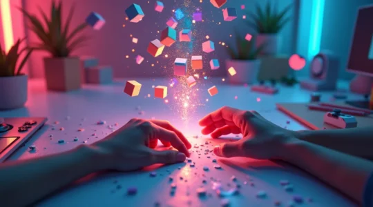 Scène symbolique mêlant éléments numériques créatifs et expression artistique dans l'univers ludique