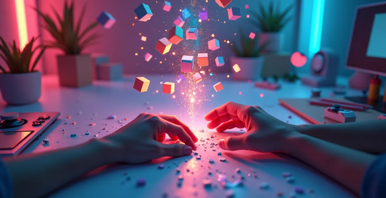 Scène symbolique mêlant éléments numériques créatifs et expression artistique dans l'univers ludique