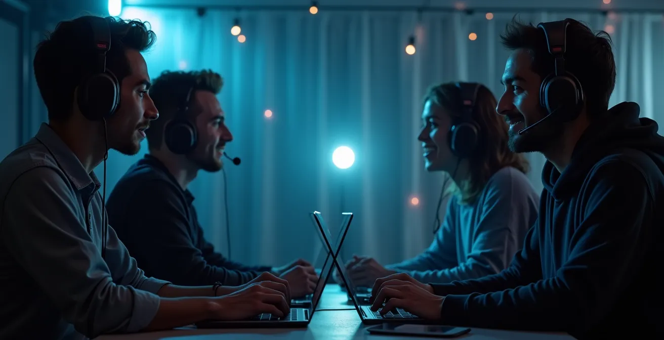 Illustration symbolique de communication en équipe et gestion de conflits dans un jeu en ligne