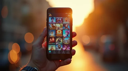 Un joueur tenant un smartphone affichant une collection de jeux mobiles variés, souvent populaires et créatifs, avec des éléments visuels évoquant créativité et enjeux financiers.