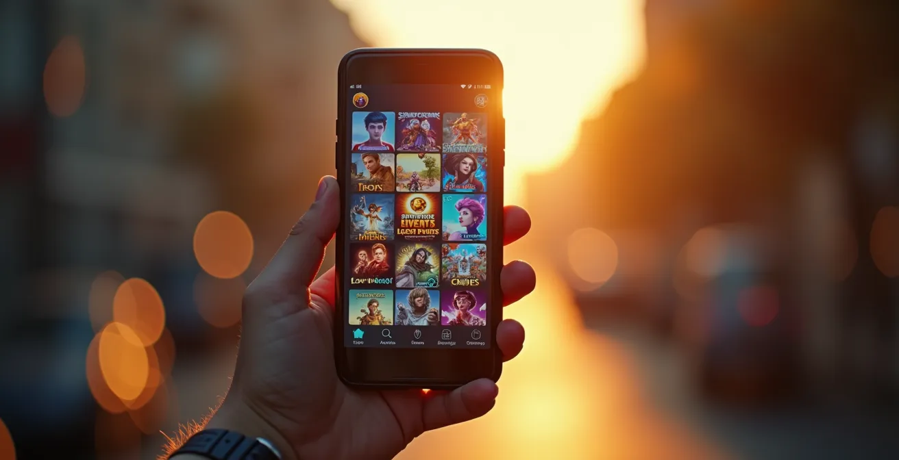 Un joueur tenant un smartphone affichant une collection de jeux mobiles variés, souvent populaires et créatifs, avec des éléments visuels évoquant créativité et enjeux financiers.