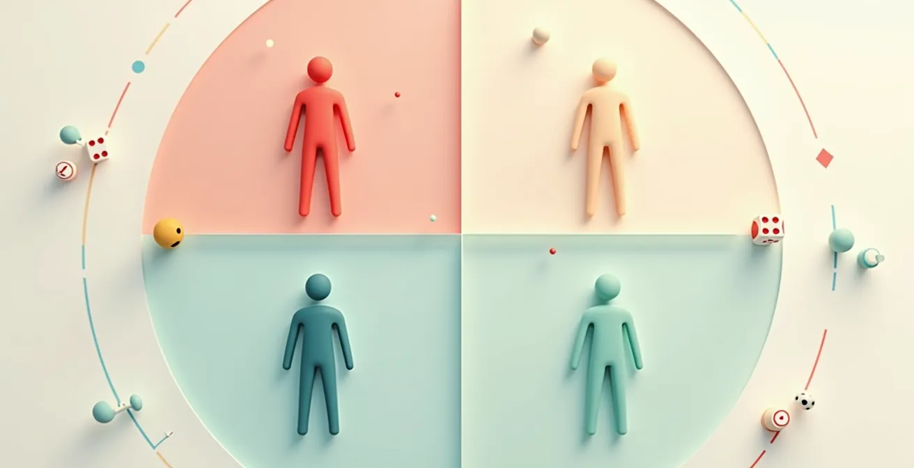 Diagramme matriciel représentant les types de jeux selon le niveau d'énergie et l'envie de contact social