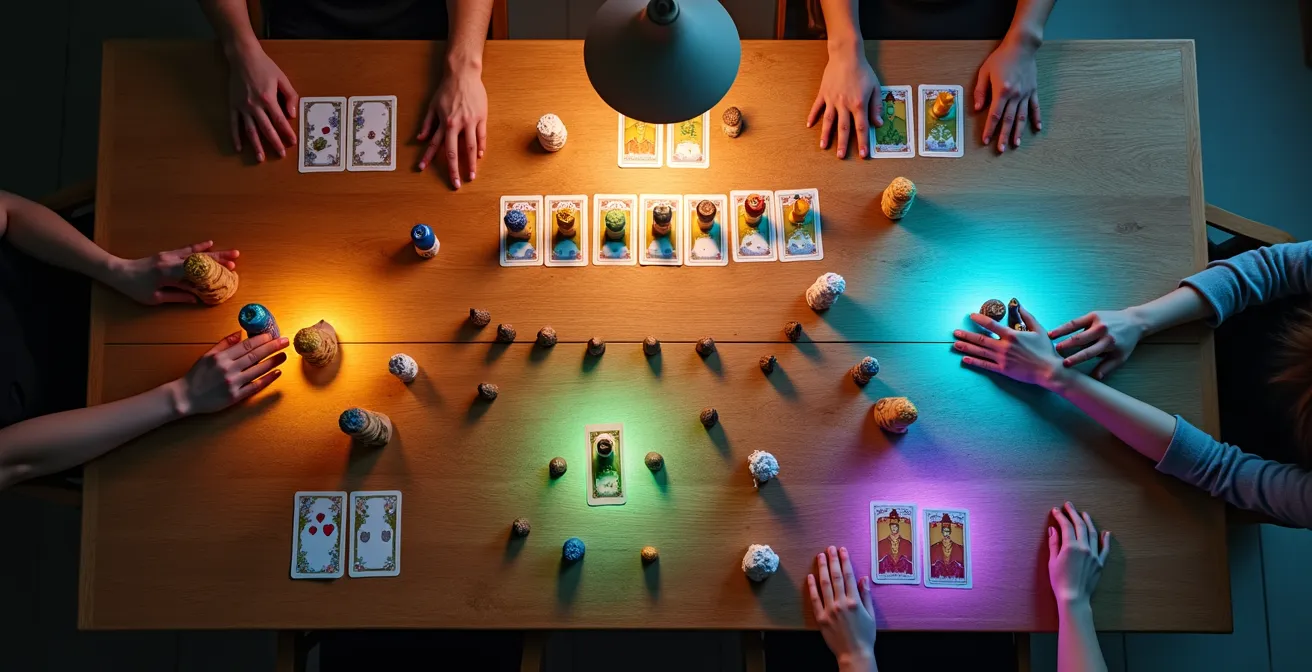 Représentation visuelle des différentes mécaniques de jeux de société modernes avec des éléments symboliques pour chaque type