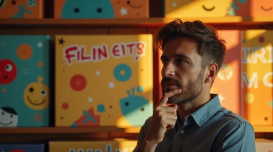 Personne réfléchissant devant un étalage de jeux de société variés avec des pictogrammes représentant différentes humeurs et types de jeux