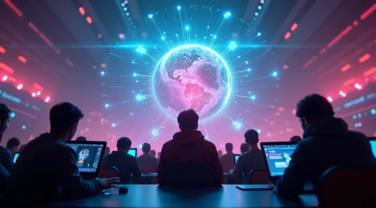 Illustration symbolique d'une arène de jeu en ligne mondiale avec joueurs connectés via ordinateurs et interfaces numériques