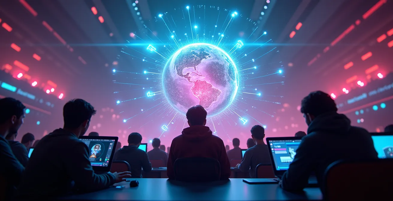 Illustration symbolique d'une arène de jeu en ligne mondiale avec joueurs connectés via ordinateurs et interfaces numériques
