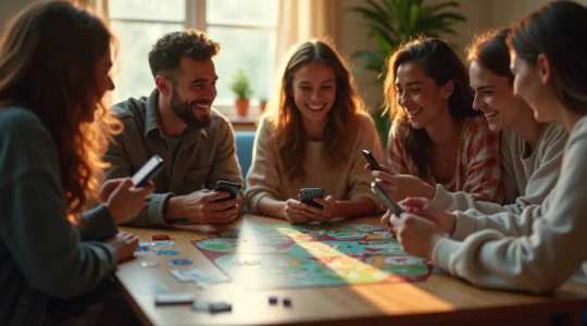 Un groupe d'amis souriants autour d'une table basse, jouant à un jeu de société, avec des écrans éteints en arrière-plan, symbolisant la déconnexion numérique.
