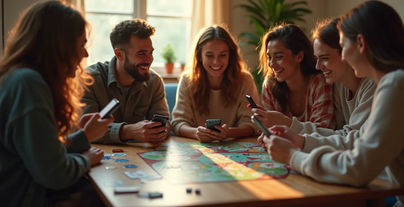 Un groupe d'amis souriants autour d'une table basse, jouant à un jeu de société, avec des écrans éteints en arrière-plan, symbolisant la déconnexion numérique.