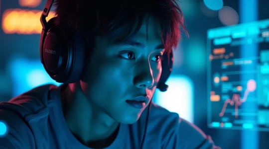 Image symbolique montrant un joueur d'e-sport sur fond numérique futuriste illustrant la révolution et les tendances de l'e-sport
