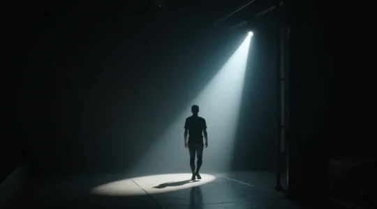 Un artiste sous un projecteur brillant émergeant de l'ombre vers une scène illuminée, symbolisant le passage vers la reconnaissance artistique