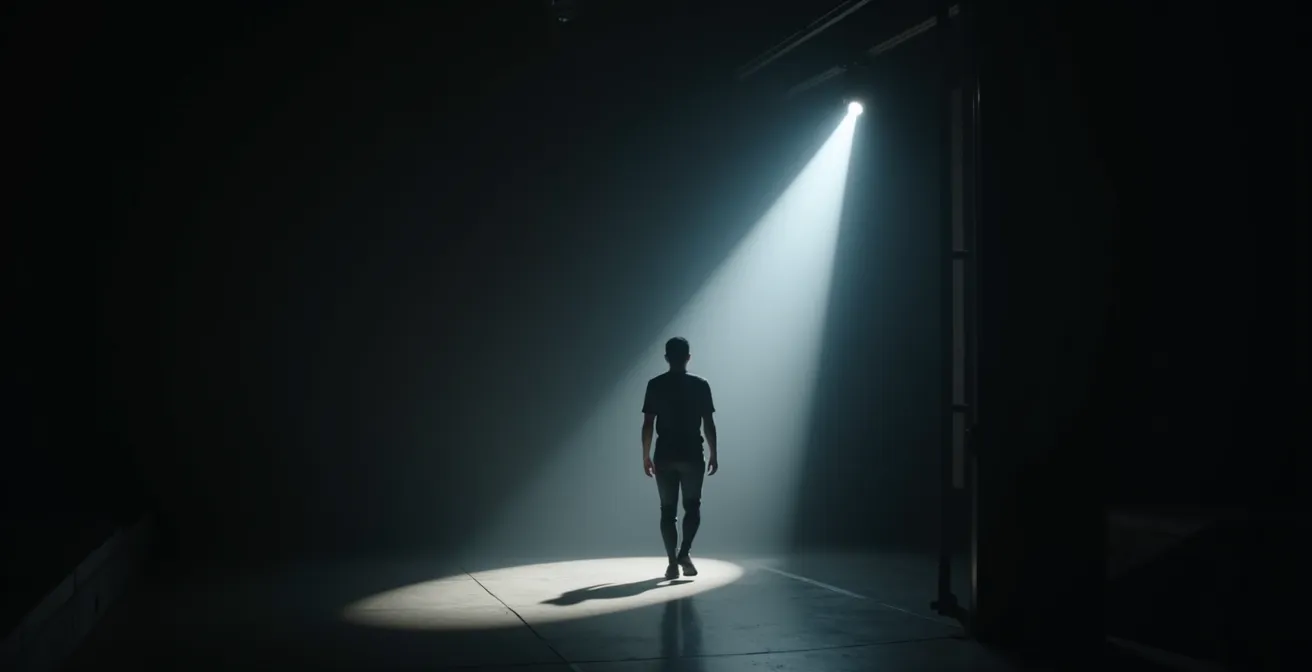 Un artiste sous un projecteur brillant émergeant de l'ombre vers une scène illuminée, symbolisant le passage vers la reconnaissance artistique