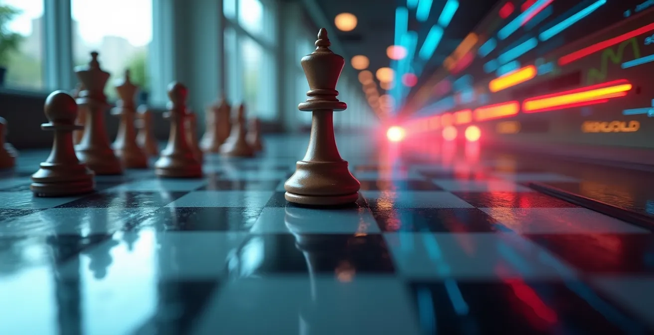 Représentation visuelle contrastée entre un échiquier statique symbolisant le tour par tour et une scène dynamique de combat en temps réel avec des chronomètres et des indicateurs de vitesse