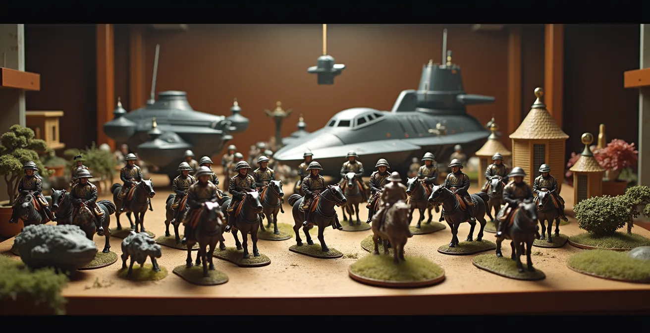 Collage montrant différents types de wargames : figurines napoléoniennes, vaisseaux spatiaux et créatures fantastiques sur diverses tables de jeu
