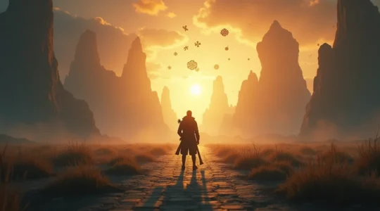 Une illustration artistique représentant un joueur aventureux au carrefour de multiples chemins dans un monde fantastique en expansion, symbolisant la liberté de choix et la narration interactive d'un jeu d'aventure moderne.