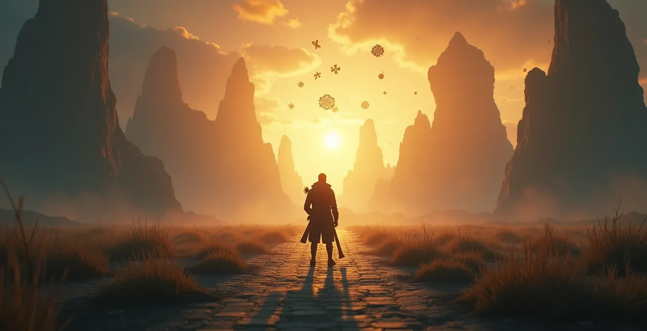 Une illustration artistique représentant un joueur aventureux au carrefour de multiples chemins dans un monde fantastique en expansion, symbolisant la liberté de choix et la narration interactive d'un jeu d'aventure moderne.