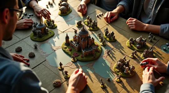 Table de wargame avec figurines peintes, cartes tactiques et dés montrant l'univers stratégique et artistique du wargaming