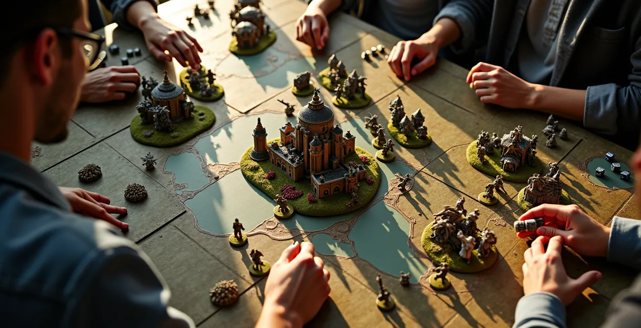 Table de wargame avec figurines peintes, cartes tactiques et dés montrant l'univers stratégique et artistique du wargaming