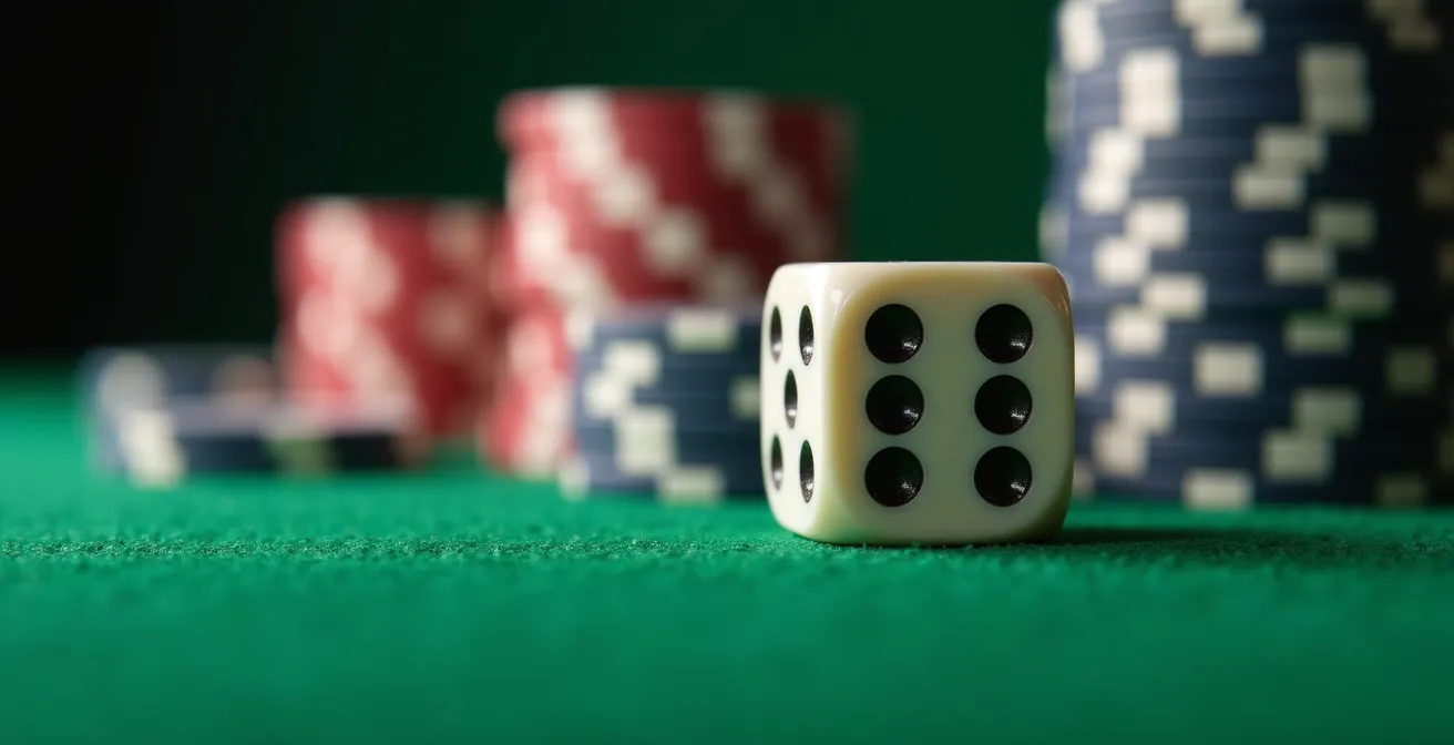 Gros plan sur des dés et des jetons de poker, symbolisant l'analyse des données et la transparence dans les jeux d'argent.