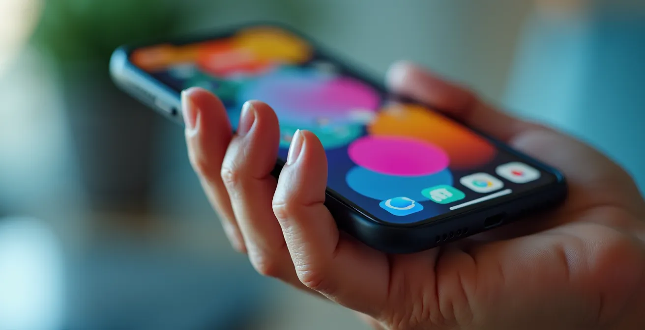 Main tenant un smartphone montrant des icônes colorées abstraites sur fond flou