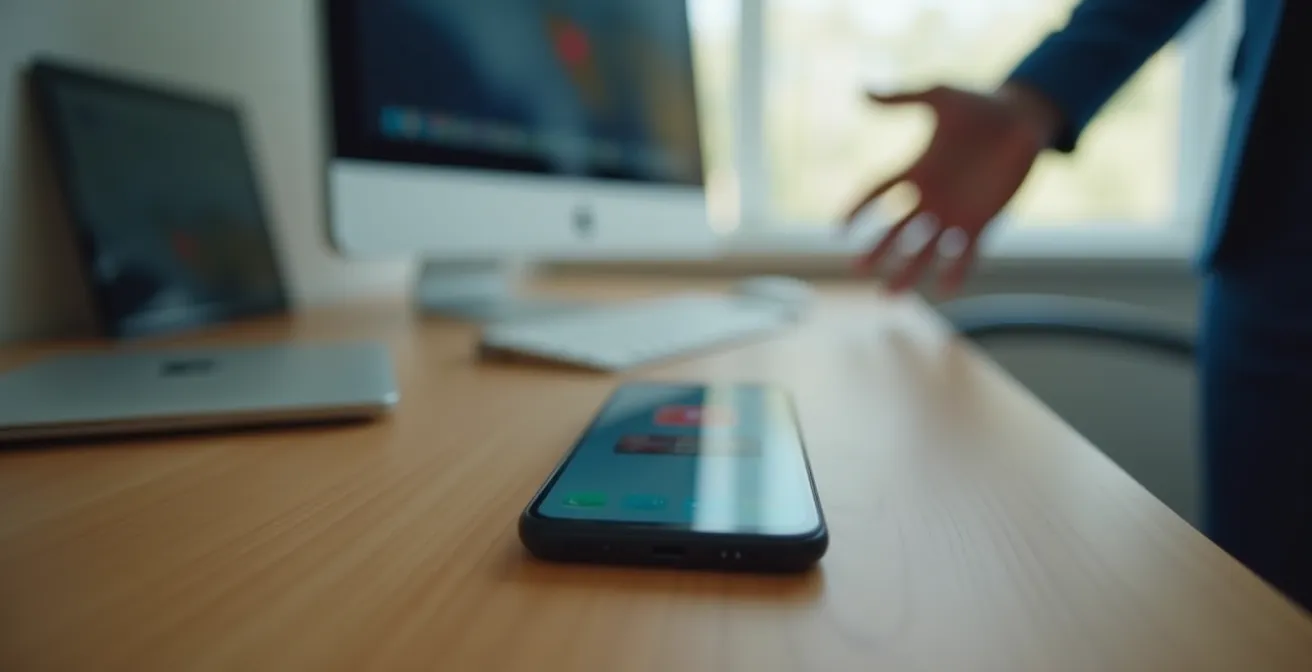 Bureau minimaliste avec smartphone montrant une notification floue et une main en position de refus