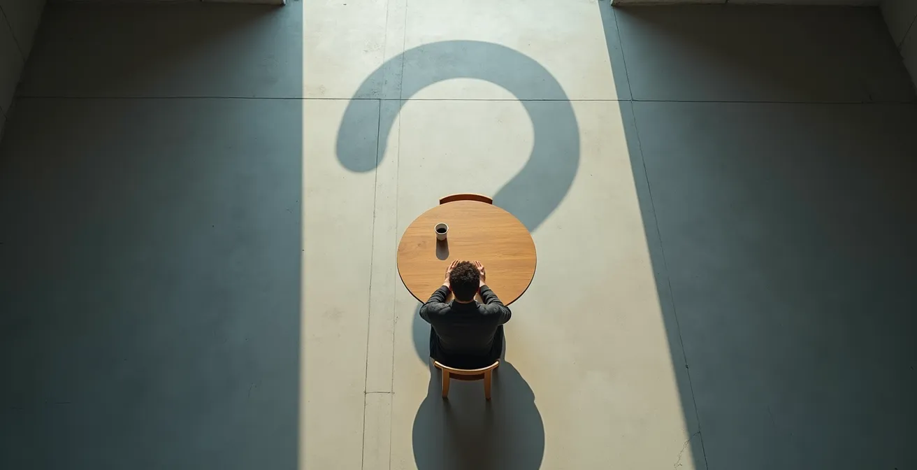 Vue aérienne minimaliste d'une personne seule à une table avec ombre portée formant un point d'interrogation