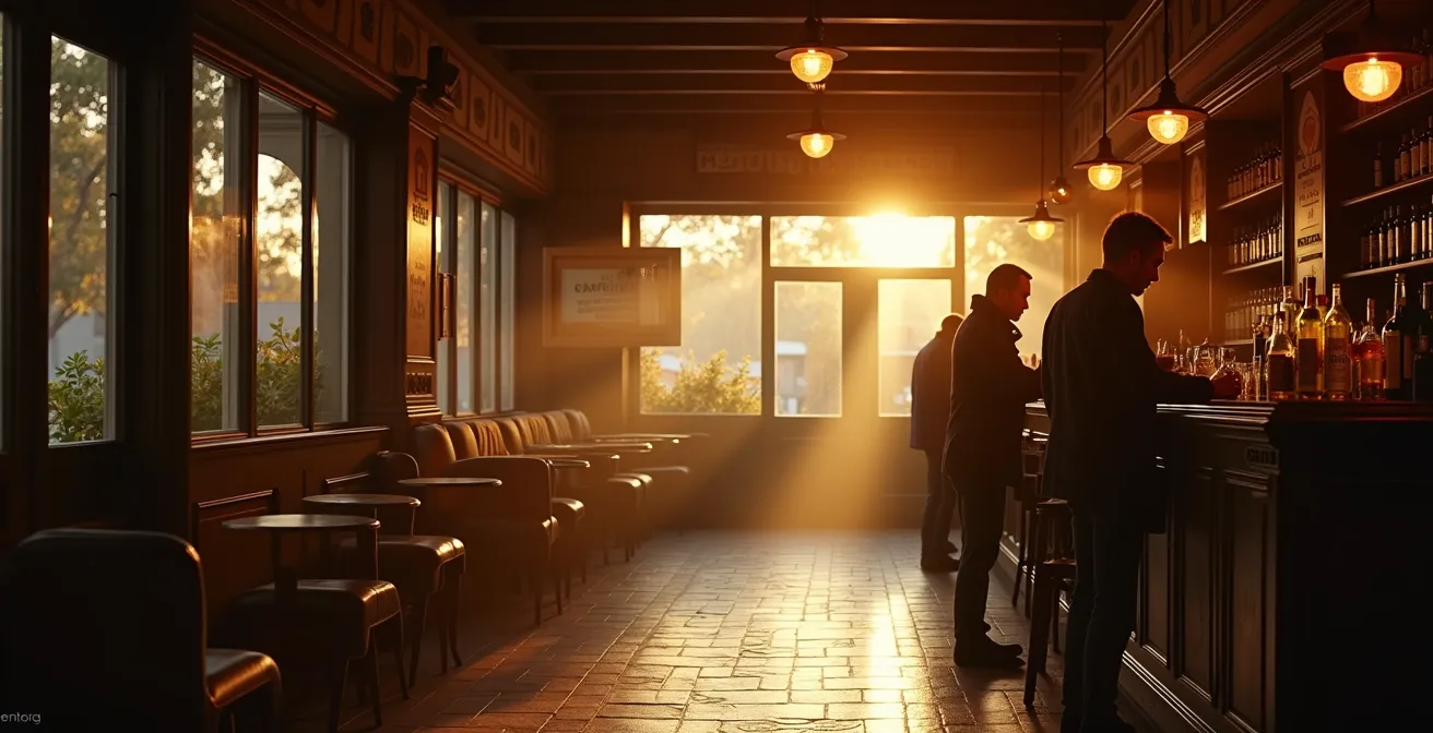 Intérieur chaleureux d'un bar-tabac français typique un samedi soir