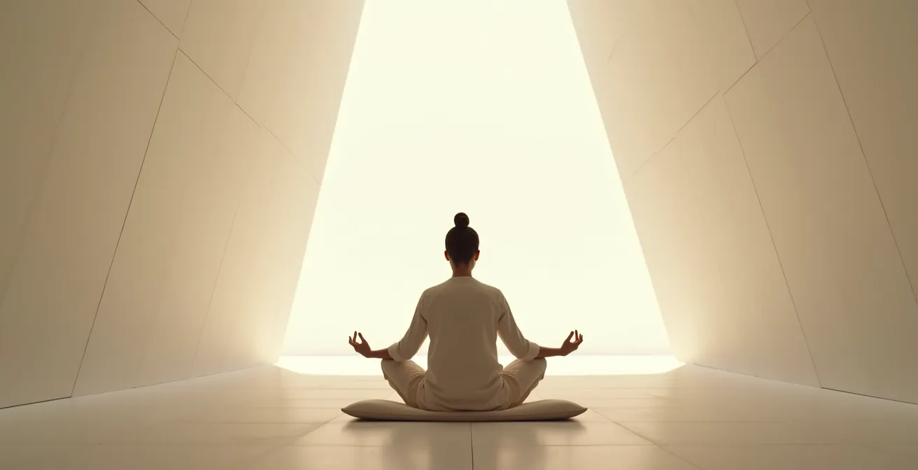 Joueur en état de flow, plongé dans une bulle de déconnexion grâce à un jeu solo dans un environnement minimaliste et apaisant.