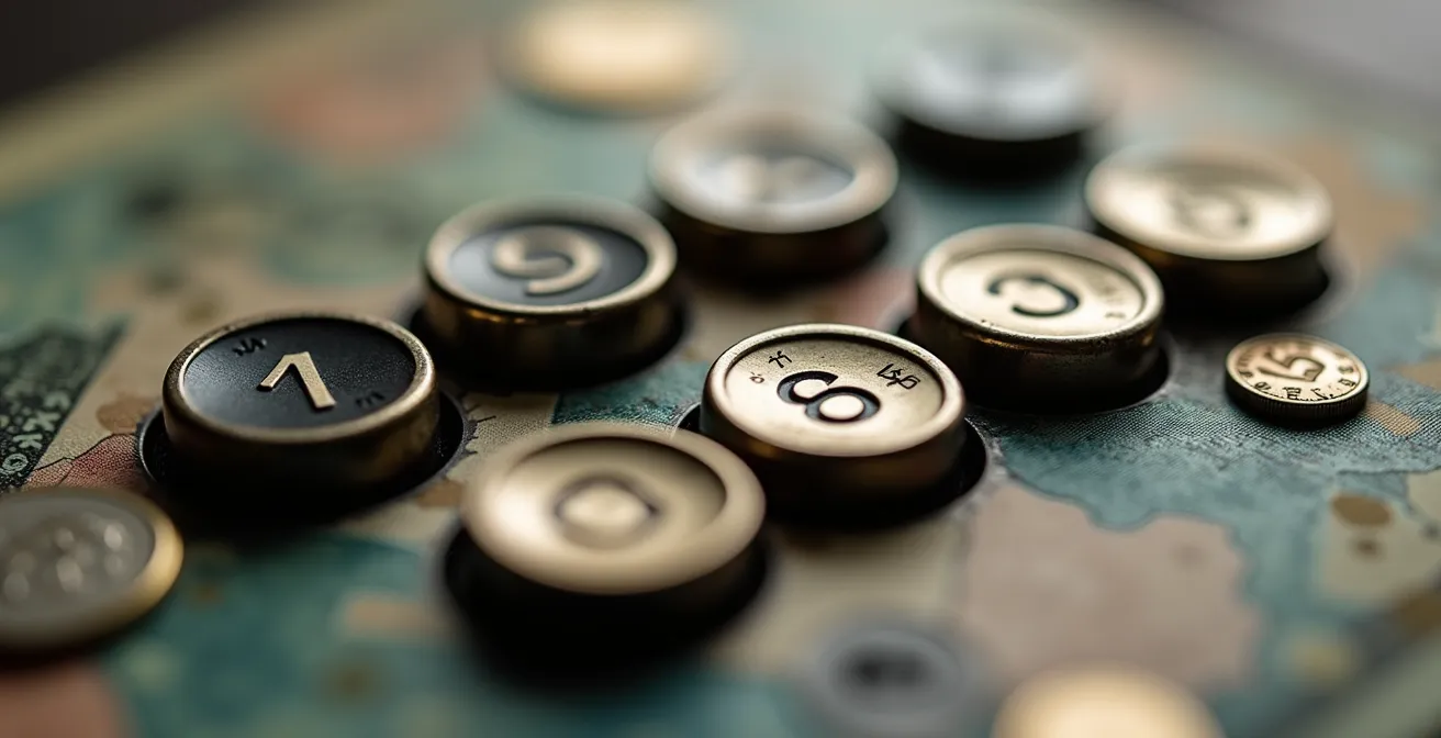 Composition macro montrant des textures de billets, pièces et calculatrice vintage sans texte visible