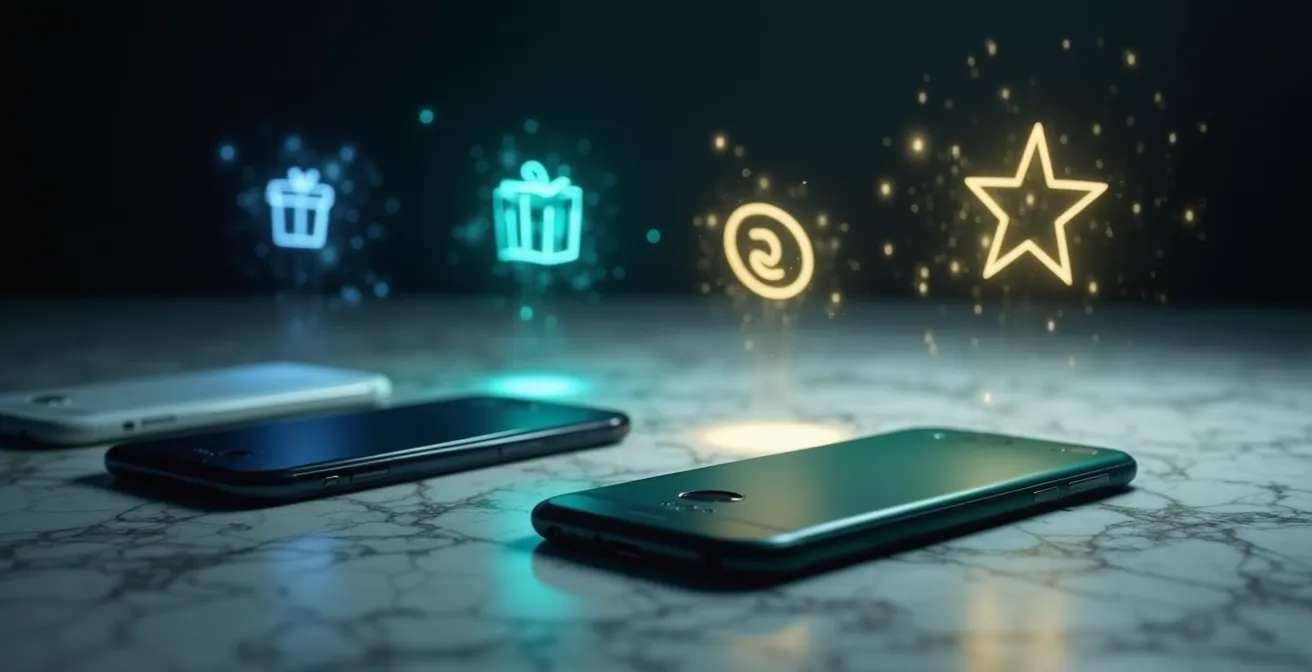 Trois smartphones alignés montrant différentes interfaces d'applications de concours, vus de côté pour éviter l'affichage des écrans