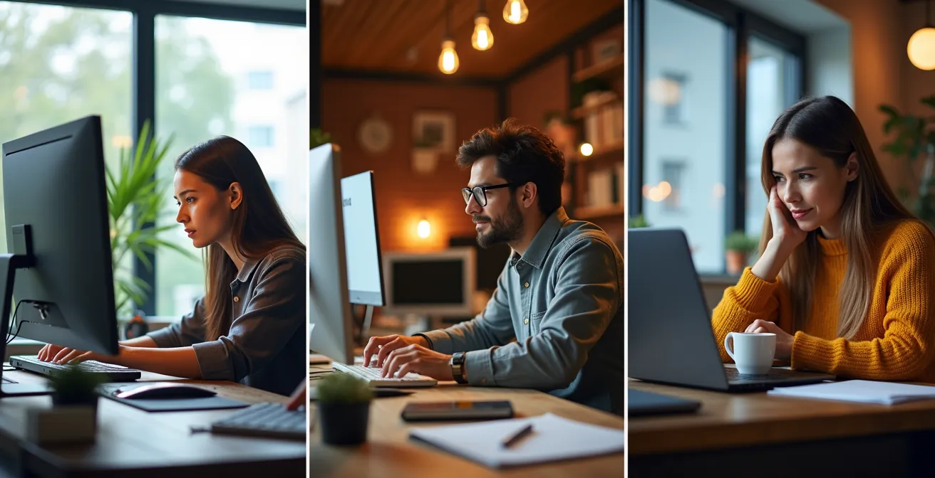 Trois personnes de profils différents devant leurs ordinateurs dans des environnements distincts symbolisant les types de concouristes
