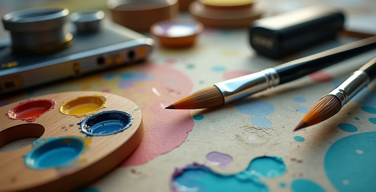 Vue macro détaillée d'un espace de travail créatif avec pinceaux, palette de couleurs et appareil photo