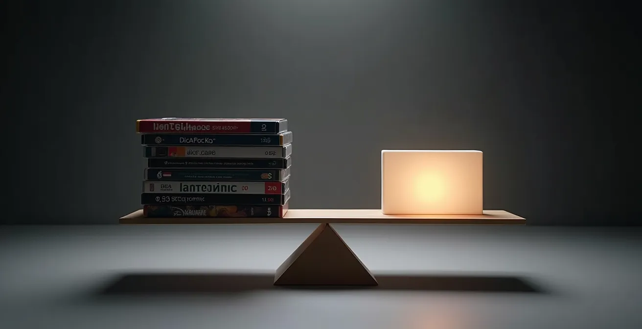 Comparaison visuelle entre une pile de jeux physiques symbolisant l'achat-revente et une carte d'abonnement dématérialisée.