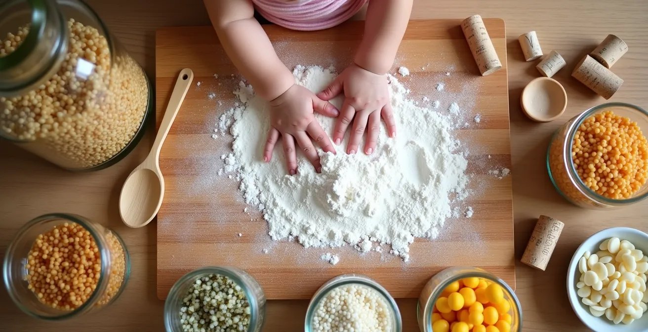 Mains d'adulte et d'enfant créant ensemble des jouets sensoriels avec des ingrédients de cuisine