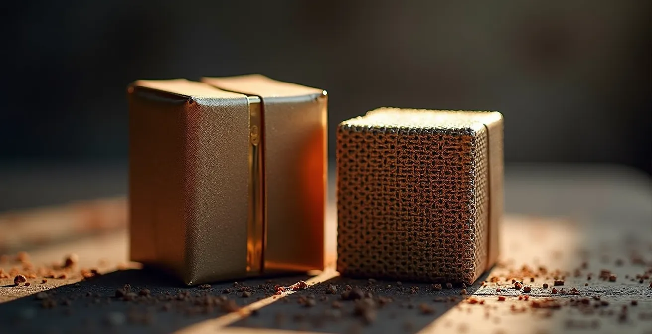 Macro sur des emballages de produits montrant la réduction subtile des quantités