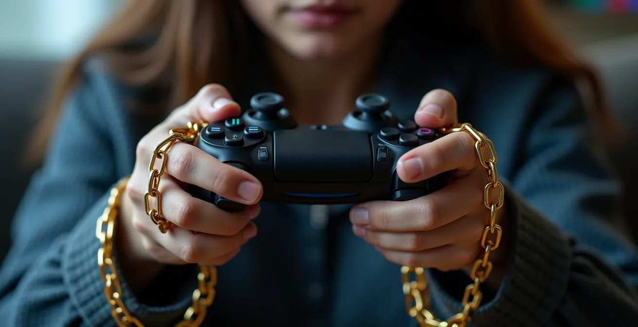Métaphore visuelle de l'attachement psychologique à un abonnement, montrant des chaînes dorées liant les mains d'un joueur à sa manette.