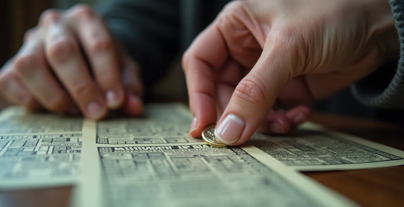 Mains grattant un ticket de loterie avec des copeaux métalliques argentés tombant doucement