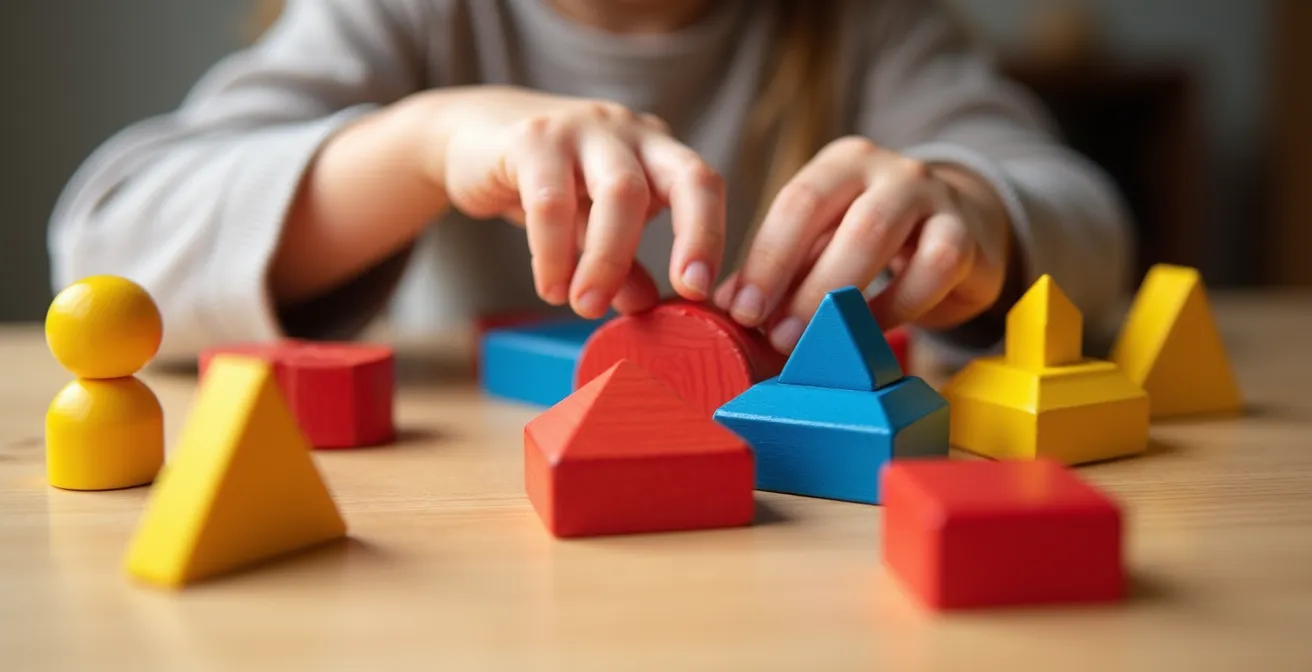 Parent observant attentivement un enfant manipulant des pièces de jeu colorées