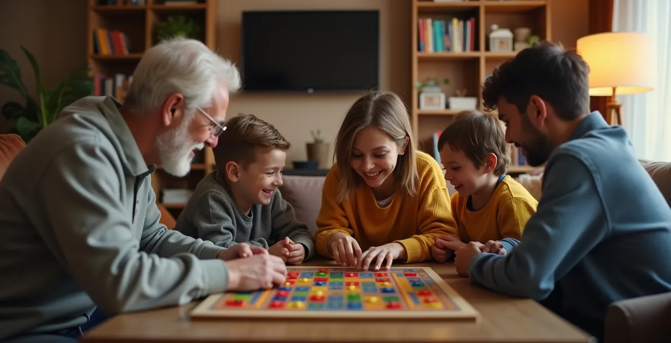Famille multigénérationnelle autour d'un jeu de plateau coopératif dans une ambiance chaleureuse