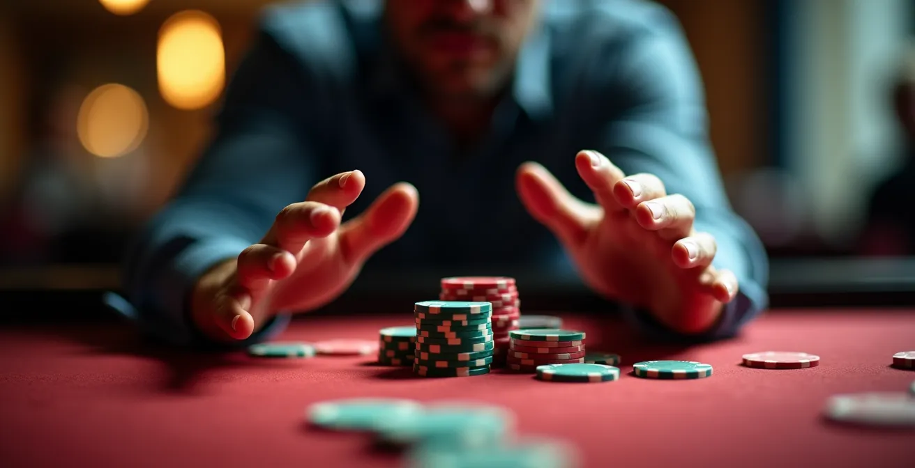 Perspective dramatique d'un joueur face à une table de jeu, symbolisant l'illusion de contrôle